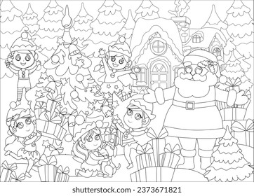 Coloring Pages. Santa Claus with elves outside near the Christmas tree. Winter landscape near Santa's snowy house. Mood of happiness and joy. 