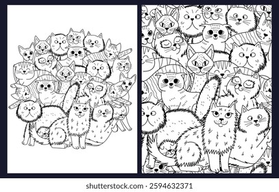 Coloring pages set with adorable cats of different breeds. Doodle feline characters maine coon, scottish fold, sphinx templates collection for coloring book. Vector illustration