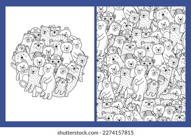 Coloring pages set with cute bears. Doodle forest animals templates for coloring book. Collection with black and white colouring pages for adults and kids. Vector illustration