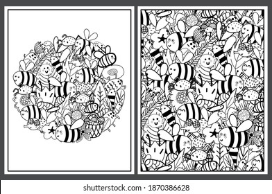 Coloring pages set with cute bees. Doodle insects templates for coloring book. Collection with black and white colouring pages for adults and kids. Vector illustration