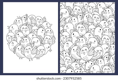 Coloring pages set with cute birds. Doodle animals templates for coloring book in US Letter format. Collection with black and white colouring pages. Vector illustration