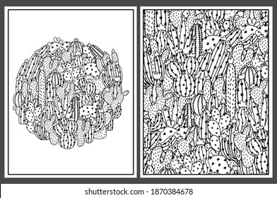 Coloring pages set with cute cactuses. Doodle succulent print templates for coloring book. Collection with black and white colouring pages for adults and kids. Vector illustration