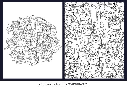 Coloring pages set with cute cats making meditation. Yoga feline characters templates collection for coloring book for kids and adults. Vector illustration