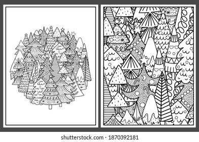 Coloring pages set with cute Christmas trees. Doodle winter templates for coloring book. Collection with black and white colouring pages for adults and kids. Vector illustration