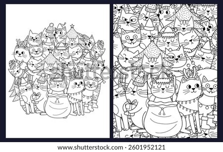 Coloring pages set with cute Christmas cats. Festive winter feline characters templates collection for coloring book. Vector illustration