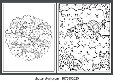 Coloring pages set with cute clouds. Doodle cosmic characters templates for coloring book. Collection with black and white colouring pages for adults and kids. Vector illustration