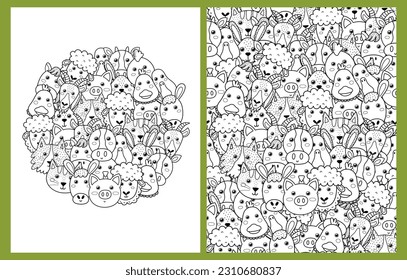 Coloring pages set with cute farm animals. Doodle farm characters faces templates for coloring book in US Letter format. Collection with black and white colouring pages. Vector illustration