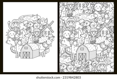 Colorear páginas con caracteres de granja adorables. Fondo de Doodle con animales y granjeros para libro de colorear en formato de carta de EE. Colección con páginas de color blanco y negro. Ilustración del vector