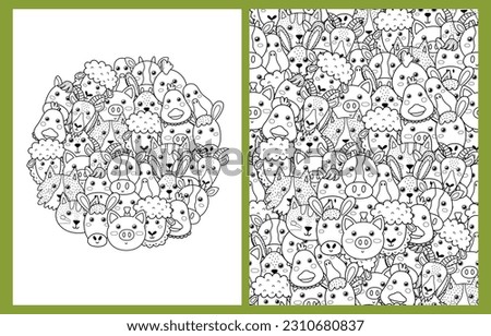 Coloring pages set with cute farm animals. Doodle farm characters faces templates for coloring book in US Letter format. Collection with black and white colouring pages. Vector illustration