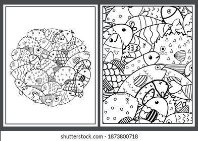 Coloring pages set with cute fish. Doodle sea animals templates for coloring book. Collection with black and white colouring pages for adults and kids. Vector illustration