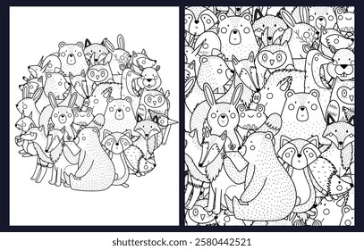 Coloring pages set with cute forest animals. Adorable woodland characters templates collection for coloring book. Vector illustration