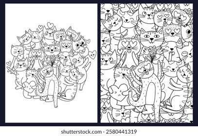 Coloring pages set with cute loving cats. Romantic feline characters templates for coloring book for kids and adults. Vector illustration