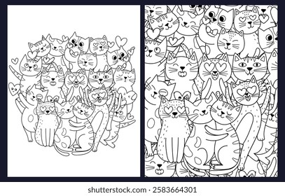 Coloring pages set with cute loving cats. Valentine's Day and Love feline characters templates collection for coloring book for kids and adults. Vector illustration