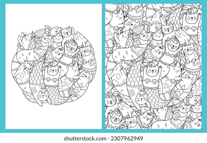 Coloring pages set with cute mermaid cats. Doodle feline animals templates for coloring book in US Letter format. Collection with black and white colouring pages. Vector illustration