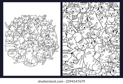 Coloring pages set with cute playful cats. Doodle feline characters templates collection for coloring book for kids and adults. Vector illustration