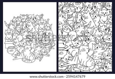 Coloring pages set with cute playful cats. Doodle feline characters templates collection for coloring book for kids and adults. Vector illustration