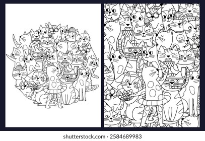 Coloring pages set with cute summer cats. Feline characters on the vacation templates collection for coloring book for kids and adults. Vector illustration