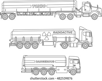 Coloring pages. Set of different kind cistern trucks carrying chemical, radioactive, toxic, hazardous substances flat linear icons isolated on white background. Vector illustration.