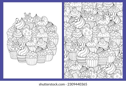 Coloring pages set with doodle cupcakes. Doodle sweet desserts templates for coloring book in US Letter format. Collection with food black and white colouring pages. Vector illustration