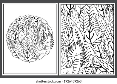 Coloring pages set with doodle leaves. Floral ornament for coloring book. Collection with amazing black and white pages for adults and kids. Vector illustration