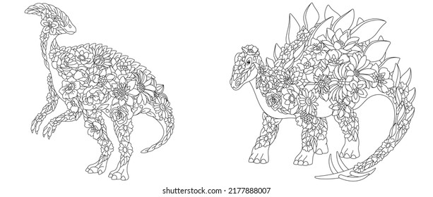 Coloring pages set with fantasy floral dinosaurs. Hadrosaurus and stegosaurus with flowers 