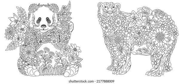 Coloring pages set with fantasy floral animals. Panda and polar white bear with flowers