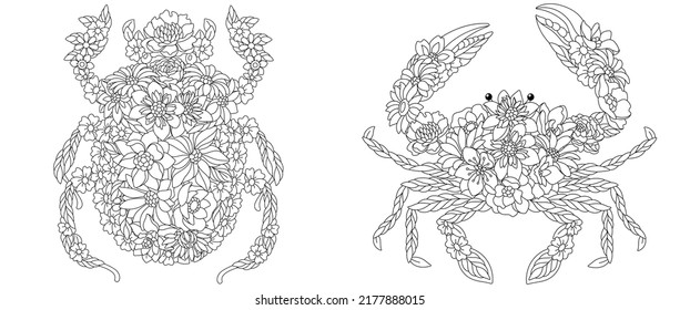 Coloring pages set with fantasy floral animals. Scarab beetle and crab with flowers