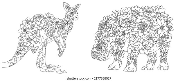 Coloring pages set with fantasy floral animals. Kangaroo and hippo with flowers