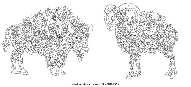 Coloring pages set with fantasy floral animals. Bison and ram with flowers