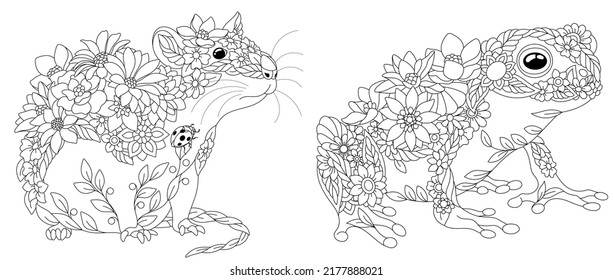 Coloring pages set with fantasy floral animals. Mouse and frog with flowers