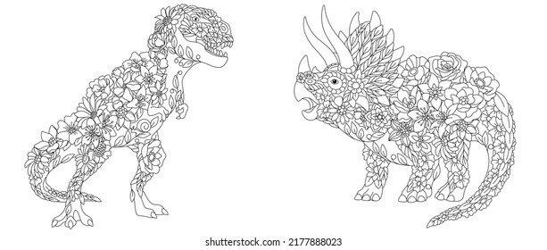 Coloring pages set with fantasy floral dinosaurs. Tyrannosaurus T-rex and triceratops with flowers