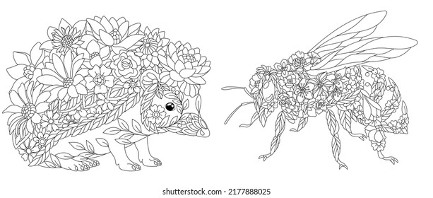 Coloring pages set with fantasy floral animals. Hedgehog and honey bee with flowers