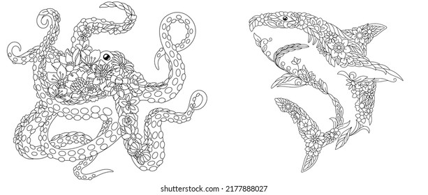 Coloring pages set with fantasy floral animals. Octopus and sea shark with flowers