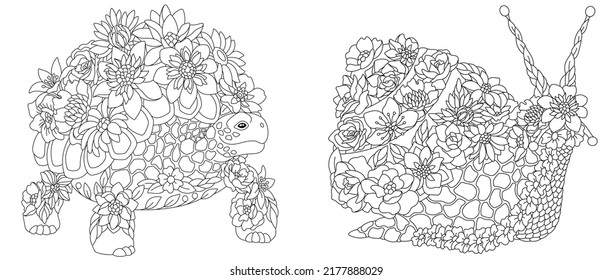 Coloring pages set with fantasy floral animals. Turtle ans snail with flowers