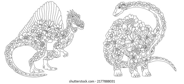 Coloring pages set with fantasy floral dinosaurs. Spinosaurus and diplodocus with flowers