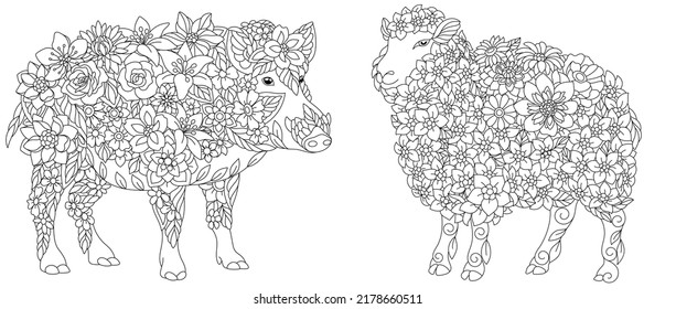 Coloring pages set with fantasy floral animals. Pig and sheep with flowers