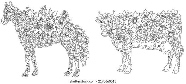 Coloring pages set with fantasy floral animals. Horse and cow with flowers