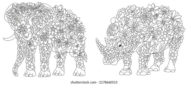 Coloring pages set with fantasy floral animals. Elephant and rhino with flowers