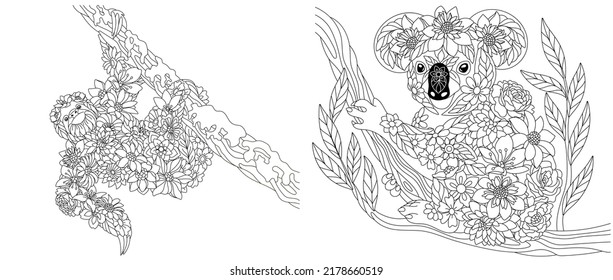 Coloring pages set with fantasy floral animals. Sloth and koala bear with flowers