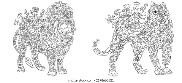 Coloring pages set with fantasy floral animals. Lion and panther with flowers