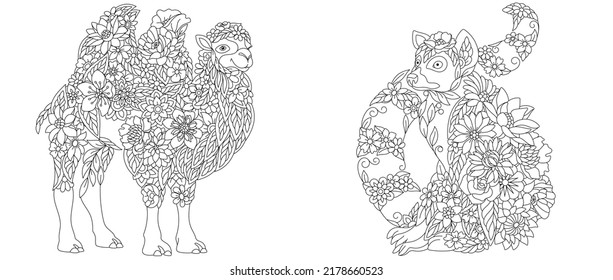 Coloring pages set with fantasy floral animals. Camel and lemur with flowers