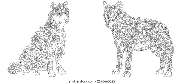 Páginas coloreadas con animales florales de fantasía. Perro Husky y lobo con flores