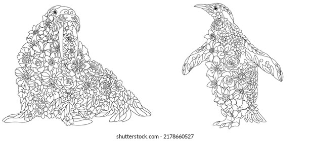 Coloring pages set with fantasy floral animals. Walrus and penguin with flowers