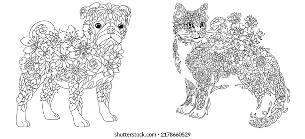 Coloring Pages Set With Fantasy Floral Animals. Pug Dog And Cat With Flowers