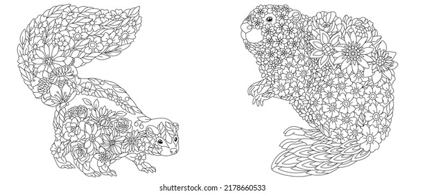 Coloring pages set with fantasy floral animals. Skunk and beaver with flowers