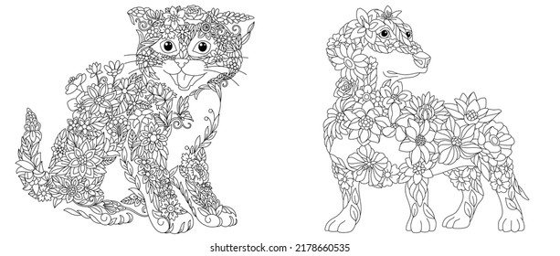 Coloring pages set with fantasy floral animals. Kitten and dachshund dog with flowers