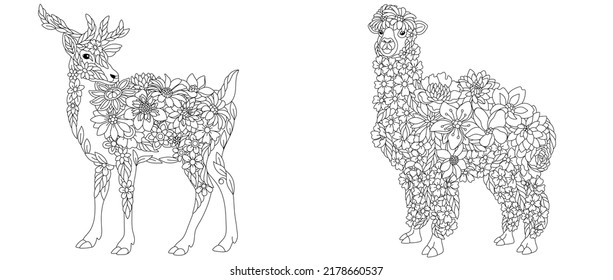 Coloring pages set with fantasy floral animals. Deer and llama alpaca with flowers