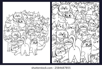 Coloring pages set with funny cats in different poses. Cute feline characters templates collection for coloring book for kids and adults. Vector illustration