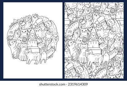 Coloring pages set with funny doodle cats. Cute feline animals templates for coloring book in US Letter format. Collection with black and white colouring pages. Vector illustration