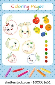 Coloring pages. Set funny of fruits with kawaii face. 
